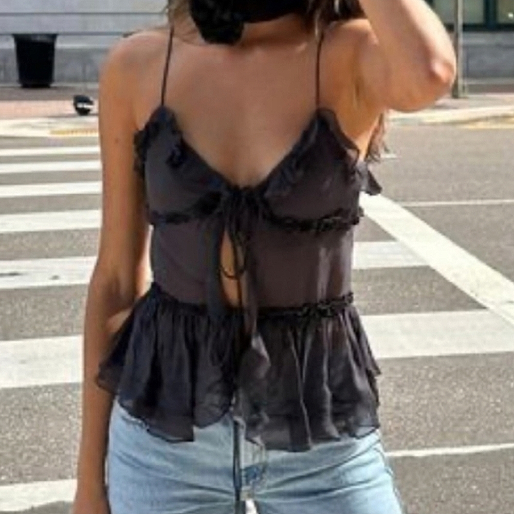 ZARA RUFFLED SEMI SHEER TOP in black Size S